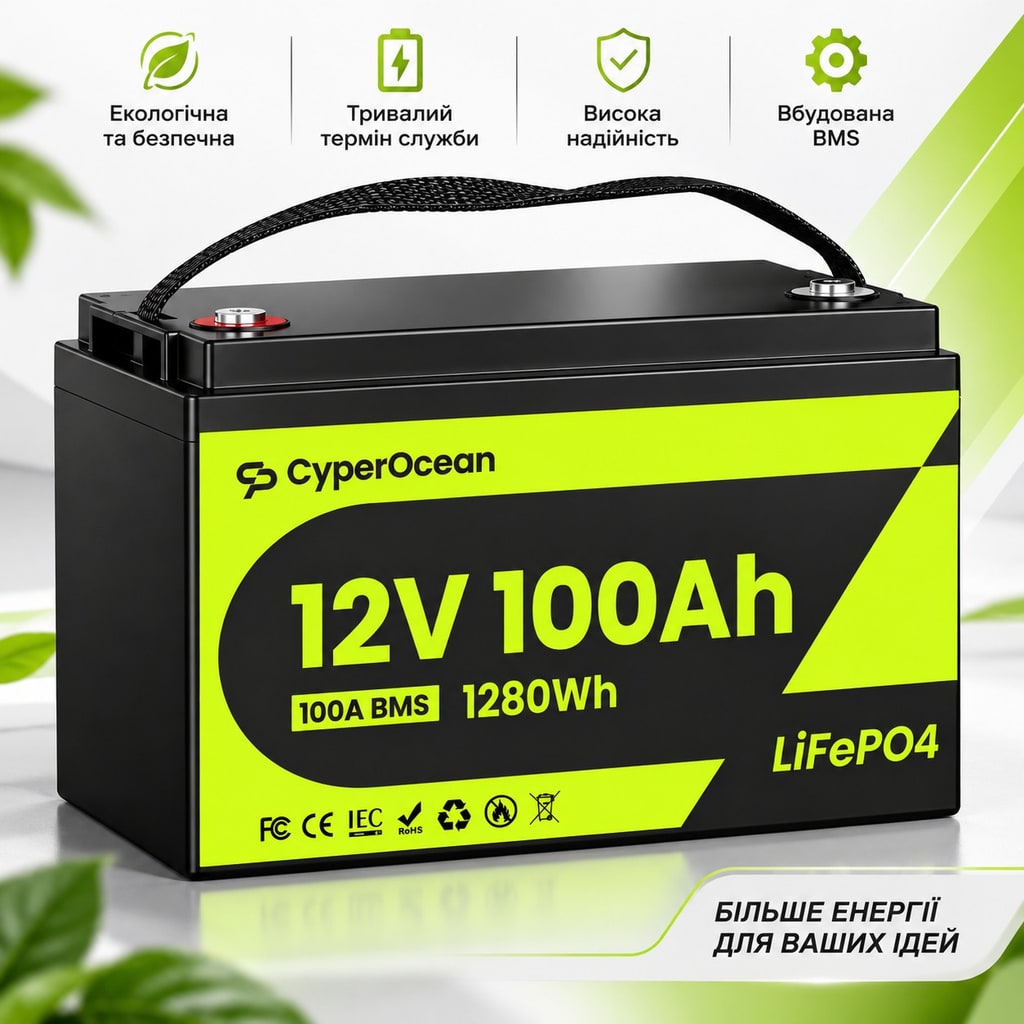 LiFePO4 12V/100Ah Акумулятор CyperOcean з BMS 100 А для систем резервного живлення